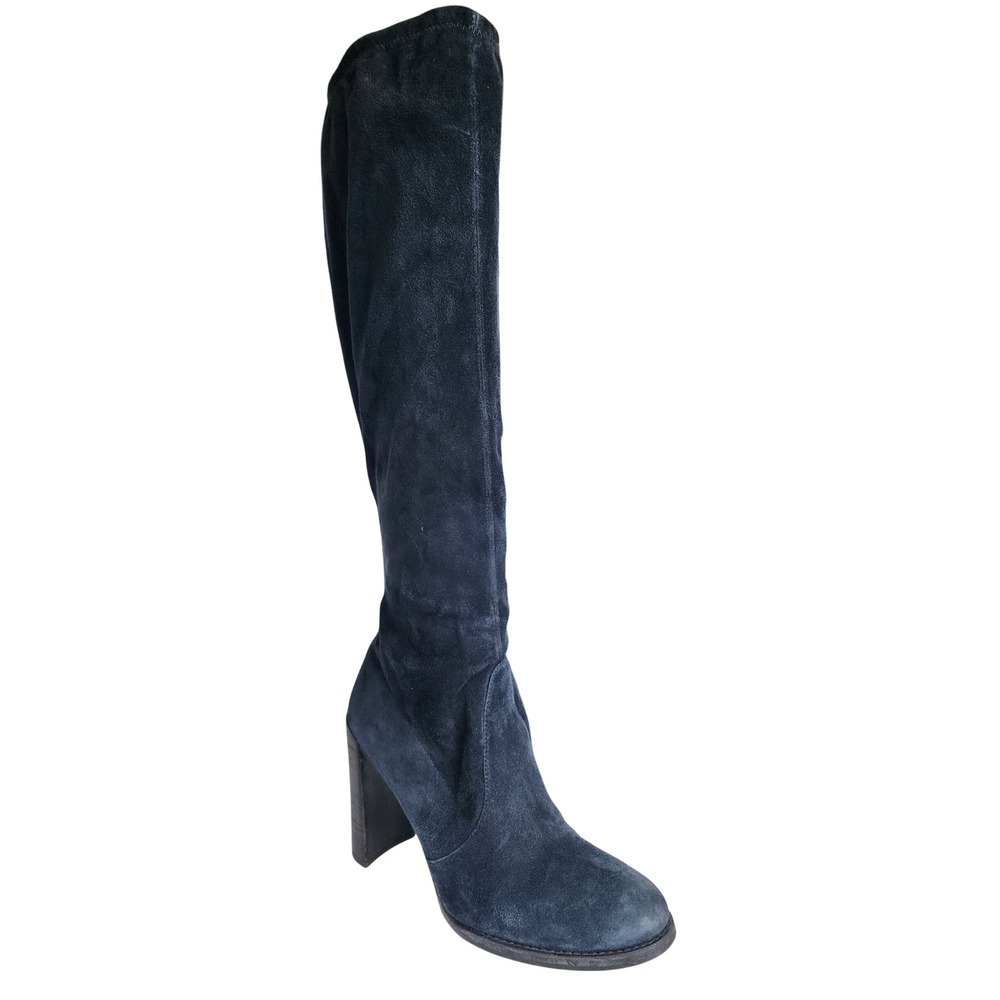 Stuart Weitzman Navy Blue Suede Knee High Tall Block Heel Sock Boots Size 9 M